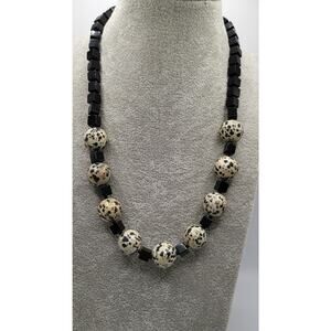 Dalmatian Jasper Necklace Black Agate Cube Beads Toggle 18.5 in